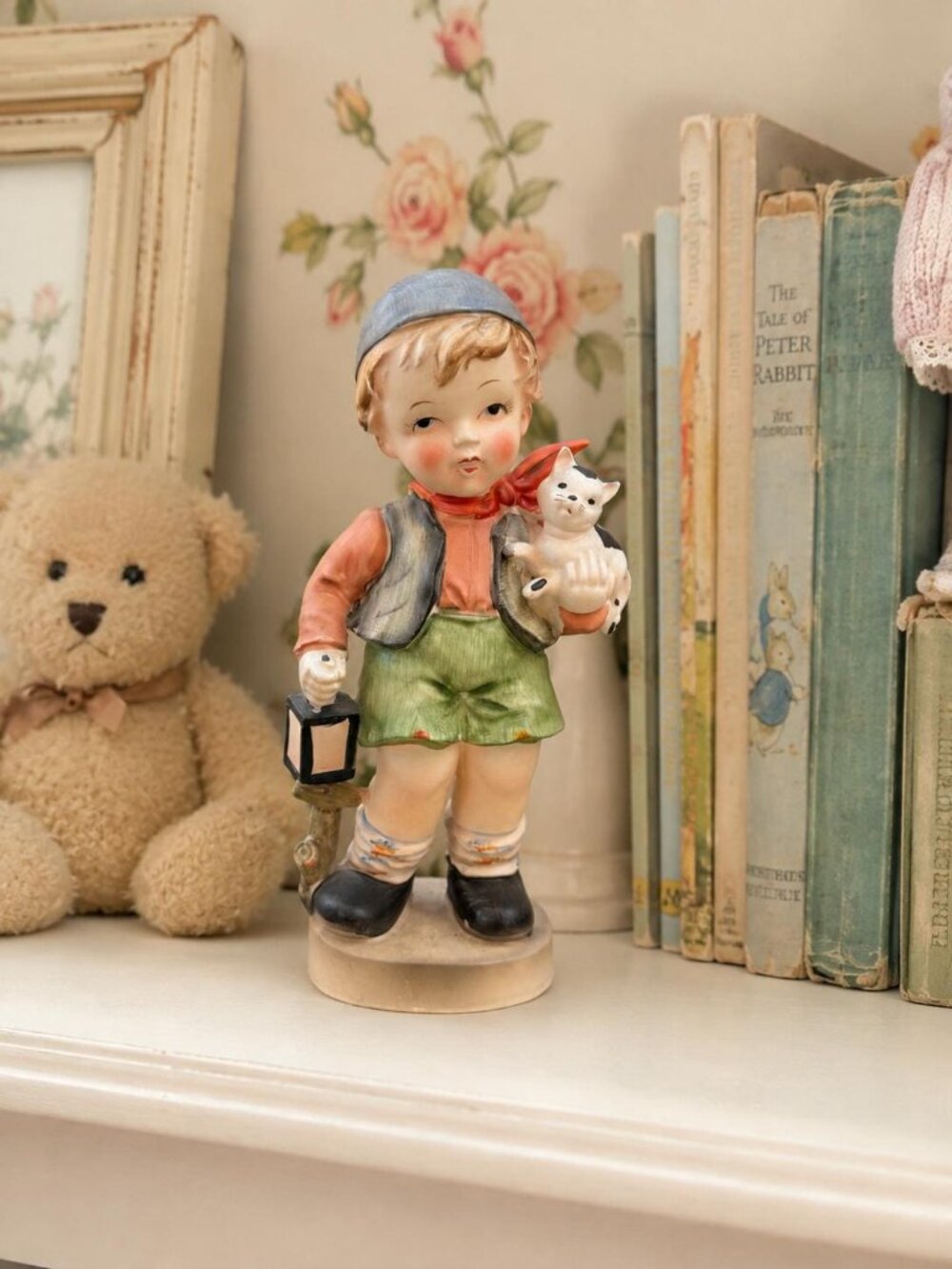 Napco Boy Cat Lantern Figurine, Vintage Ceramic Child Statue, Mid Century